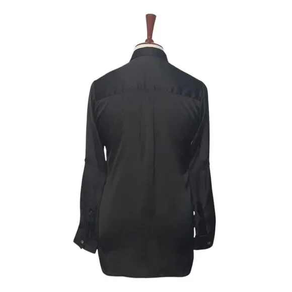 Womens Silky Satin Shirt Black Blouse Button Up Casual Dressy Top Medium Work - Picture 2 of 7
